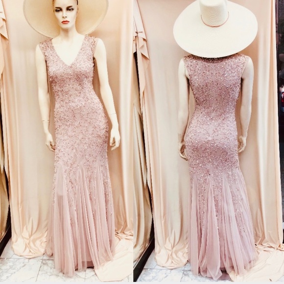 Aidan Mattox beaded cap sleeves V-Neck mermaid Long Dress - Picture 4 of 12